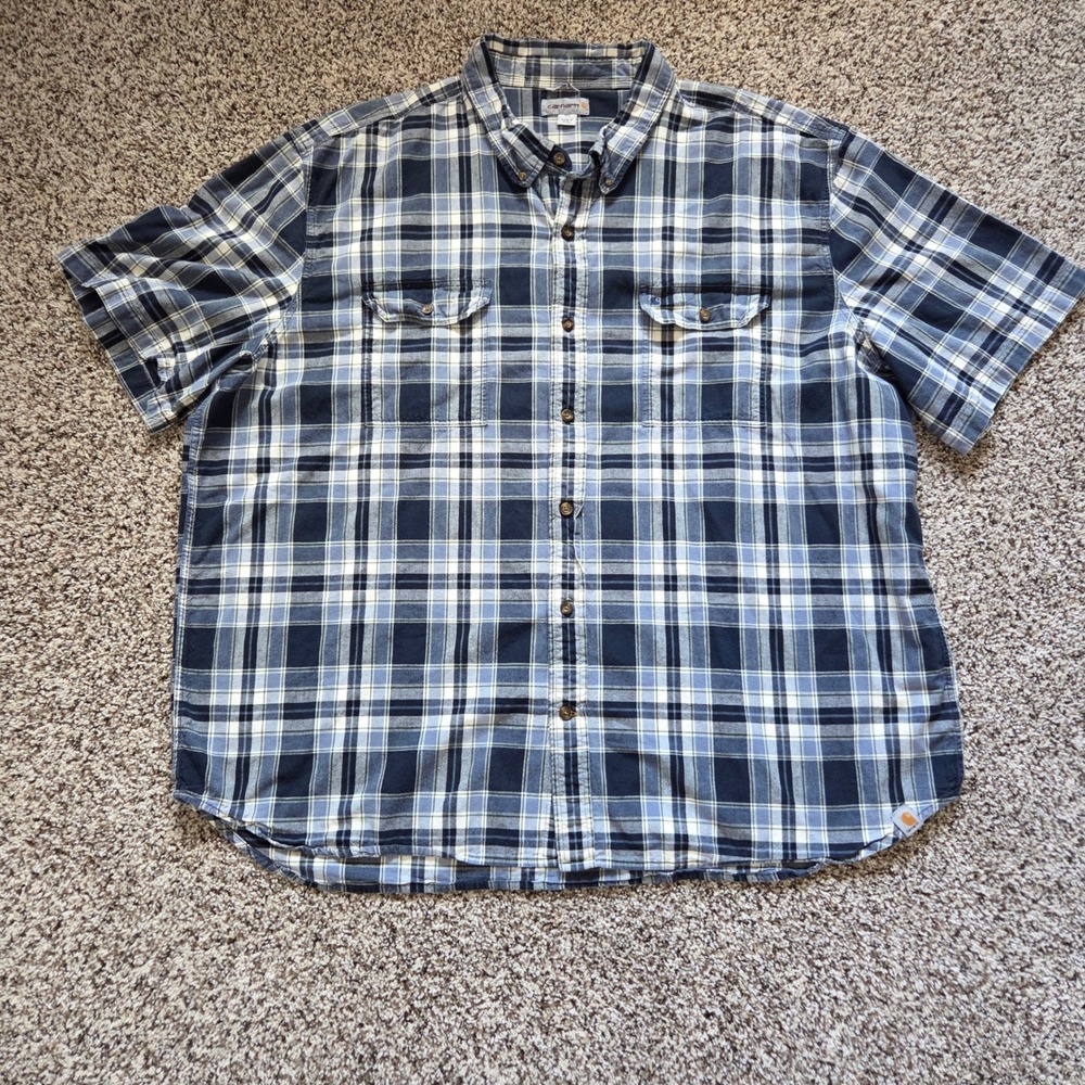 Carhartt Mens 4XL Blue Plaid Short Sleeve Button Down Shirt Relaxed Fit Workwear